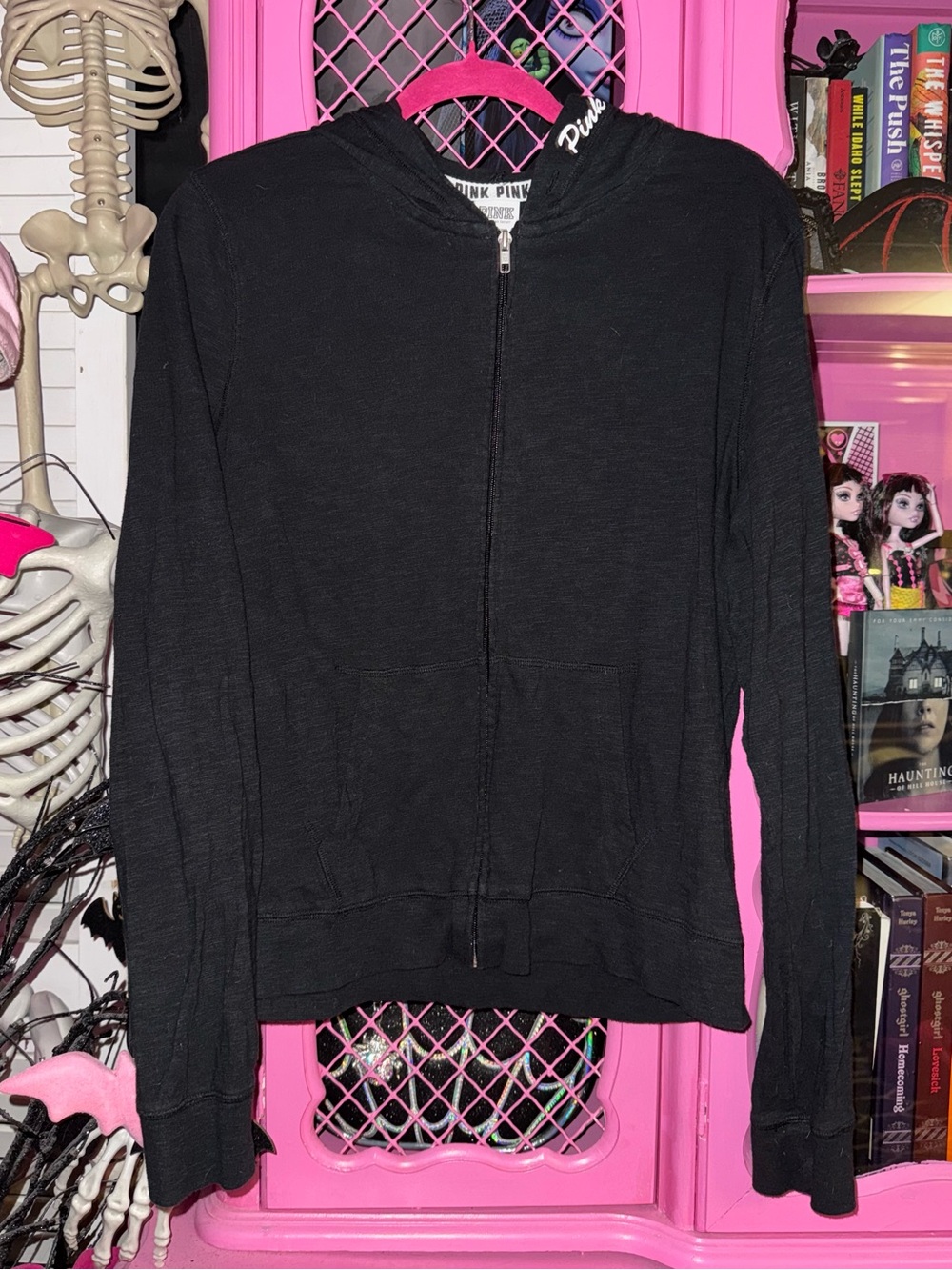 victoria’s secret pink black zip up hoodie size large